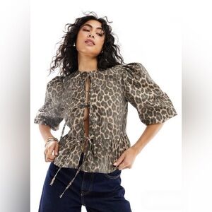 ASOS DESIGN Leopard Print Puff Sleeve Tie-Front Blouse Top Women’s XS 0 - 2